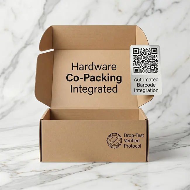 Kraft corrugated box displaying printed integrated supply chain services including automated barcode integration and drop-test verification protocols.