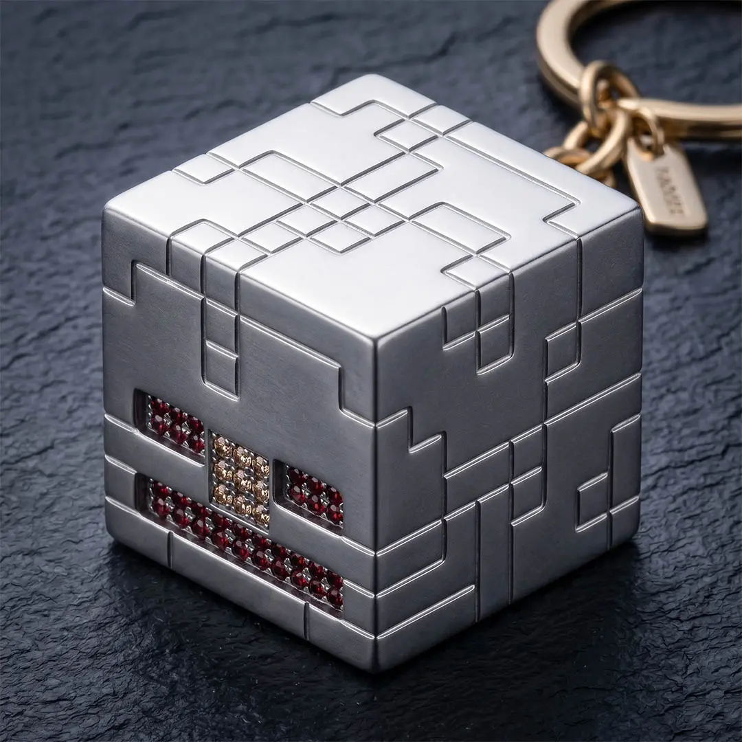 Bespoke matte silver corporate collectible idol showcasing a VIP fine-jewelry upgrade with deep-set, brilliant-cut gemstone inlay using traditional micro-setting techniques.