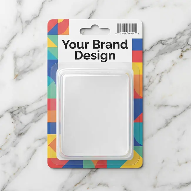 Empty premium retail blister card packaging with Euro hole punch for hardware pegboard display, shot on commercial white marble.