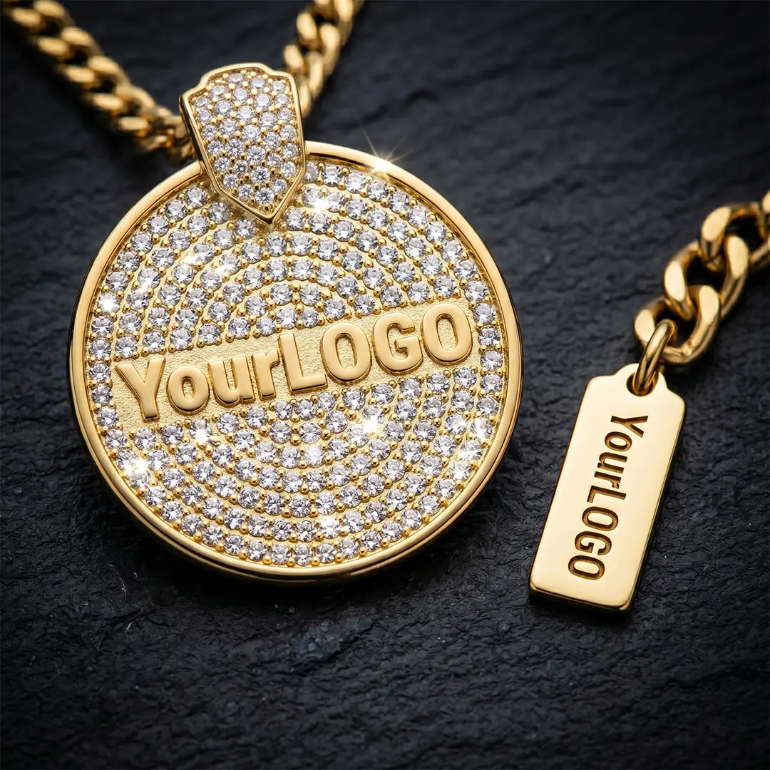 Custom metal centerpiece secured to a microfiber strap, featuring tightly packed, brilliant-cut optical rhinestones forming a proprietary corporate logo.