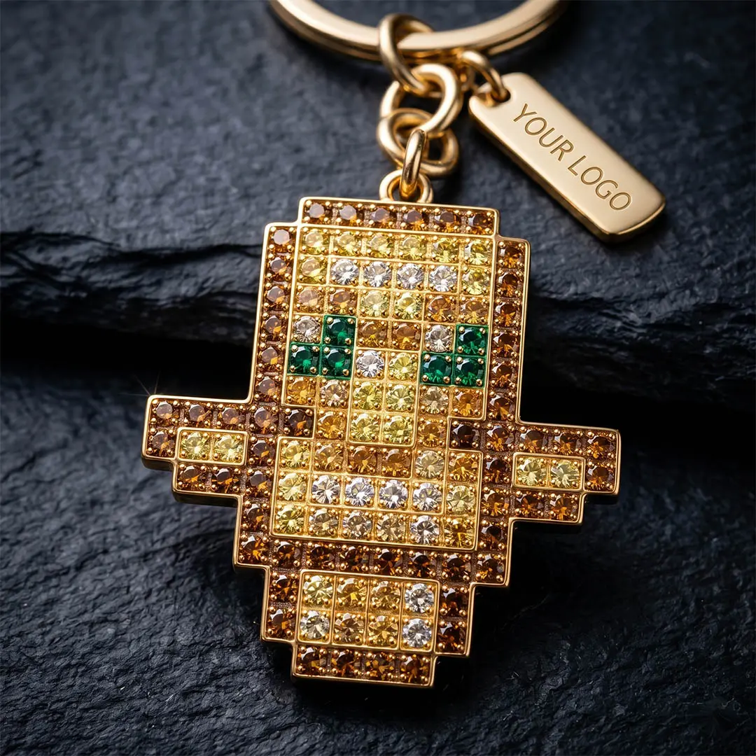 High-density pave-style inlay on a custom gold metal bag charm, demonstrating Tier 1 standard optical rhinestones and Tier 2 5A CZ commercial manufacturing for premium brand mascots.