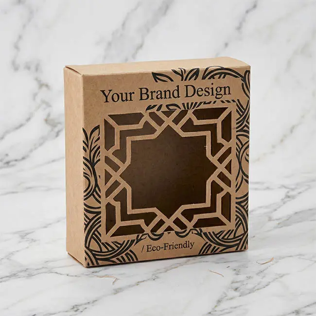 Recycled brown Kraft paperboard box with a plastic-free geometric die-cut window for eco-friendly hardware packaging.