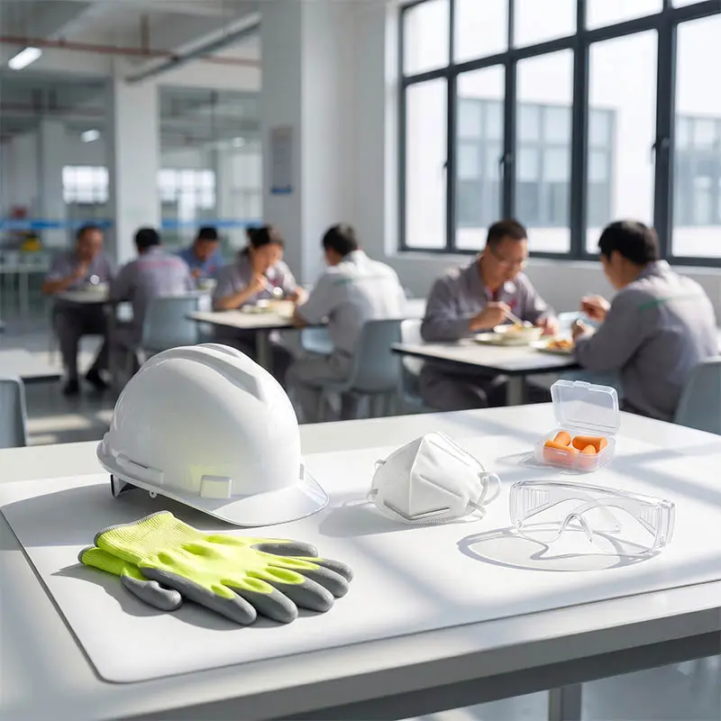 Personal protective equipment including a hardhat, safety glasses, and gloves displayed in the foreground, with manufacturing employees enjoying a meal in a bright, pristine factory cafeteria in the background.