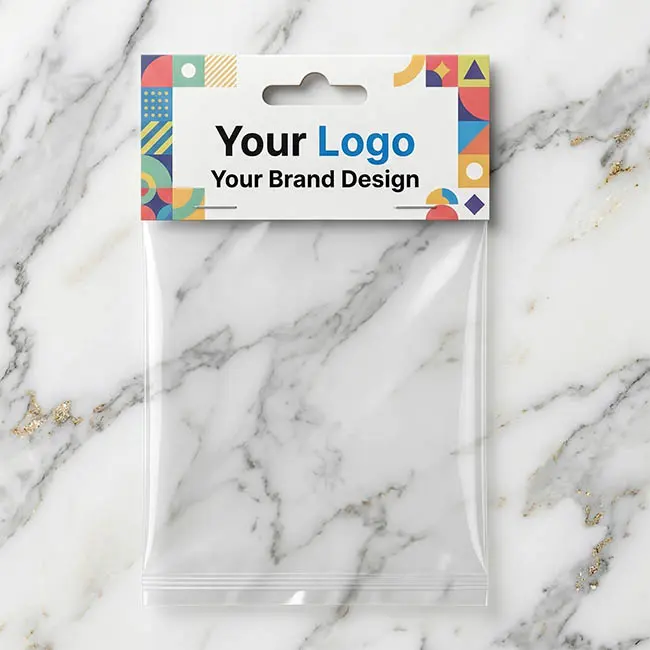 Clear OPP plastic bag attached to a custom-printed folded header card with Euro hole punch, resting on a luxury marble background.
