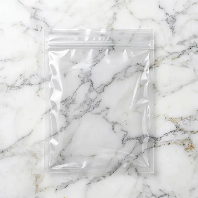 Transparent heavy-duty zip-lock bag for bulk hardware and promotional keychain packaging, isolated on a white marble surface.