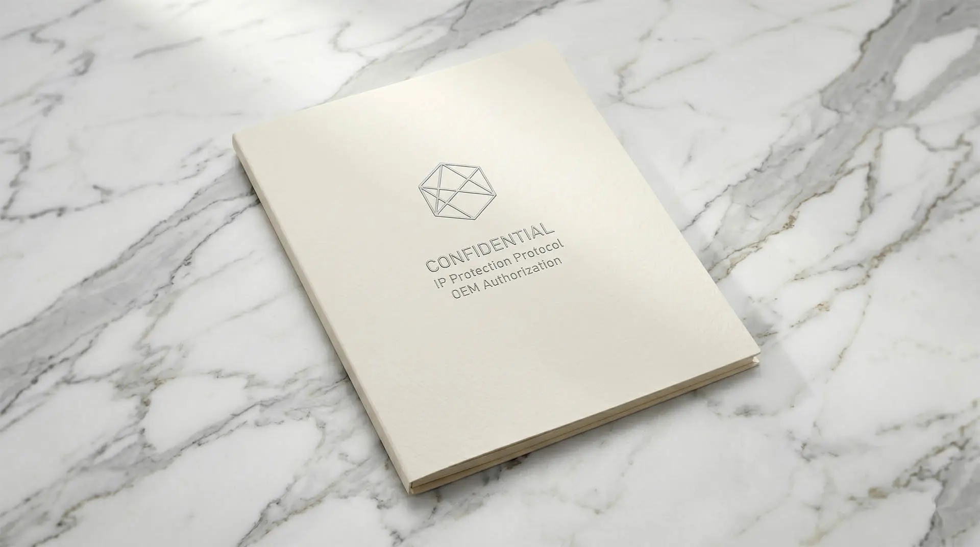 Top-down view of a confidential IP Protection dossier and a precision-engineered metal keychain mold and casting.