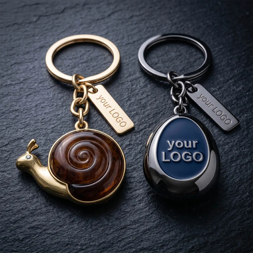 Macro product photography of a custom corporate keychain showing Precision Hard Eco-Resin Enamel Inlay creating a flush, mirror-smooth corporate logo piece next to a geometric snail shape, showcasing B2B corporate identity capabilities.
