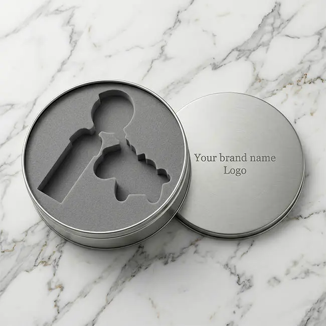 Open matte silver metal tin box featuring precision die-cut black EVA foam designed for custom hardware, on a luxury marble surface.