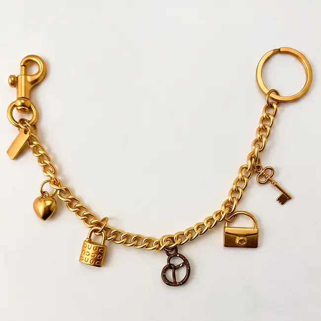 Vista principal de extensores de cadena en aleacion de zinc oro claro adornados con pretzel de eco-resina corazon metalico candado grabado y mini bolso