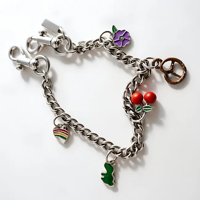 Vista principal de correas de metal al por mayor en aleacion de zinc plata brillante adornada con pretzel de resina dinosaurio esmaltado verde y cerezas