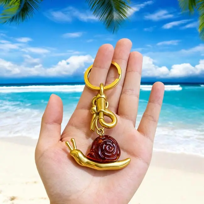 مقارنة الحجم في اليد لميدالية مفاتيح الحلزون العنبري الداكن من الراتنج البيئي أمام خلفية شاطئ استوائي