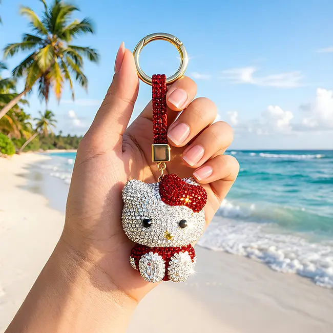 Handheld scale reference view of the vibrant ruby red factory direct pavé charms featuring a full body optical rhinestone inlaid cat accessory held in a hand against a tropical beach backdrop.