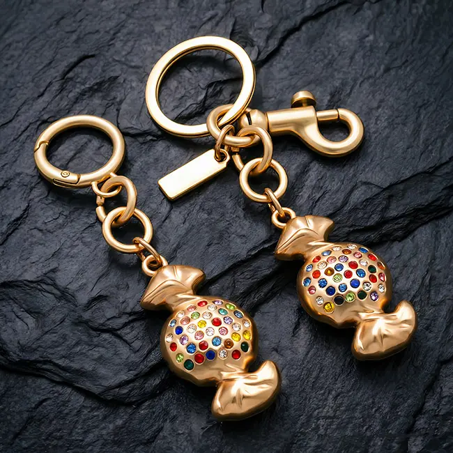 Light champagne gold of the boutique candy wholesale rhinestone keychains highlighting the precision die-cast gold body, random multi-color crystal layout, round spring ring and swivel snap hook.
