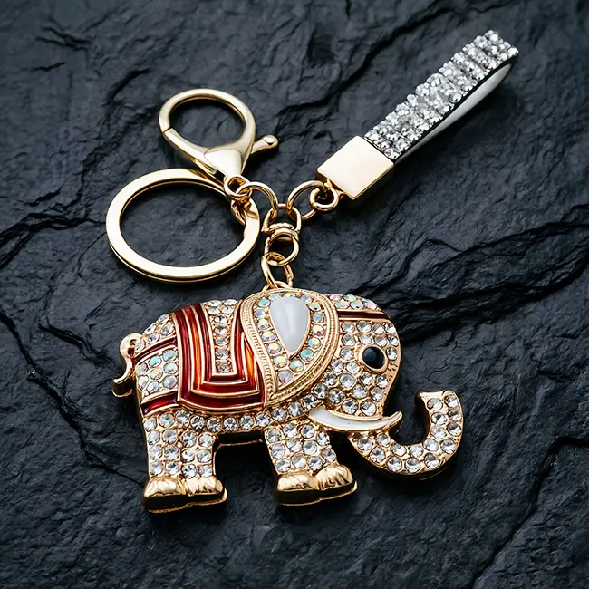 A macro material detail view of the custom crystal inlaid components showcasing three elephant charms in ruby red, soft pink, and iridescent clear optical rhinestones with striking enamel-infill accents.