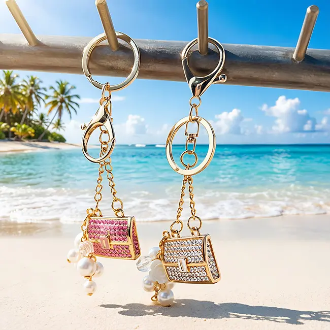 A stunning display of both rose pink and crystal clear B2B optical crystal molding enamel fortune purse charms with delicate pearl dangles hanging from a metal rack against a tropical beach backdrop.