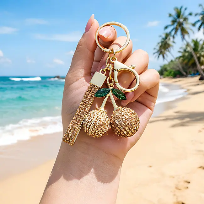 A handheld scale reference view of the light gold factory direct pavé charms featuring champagne gold(yellow gold) optical rhinestone cherries with a matching strap held against a vibrant tropical beach.