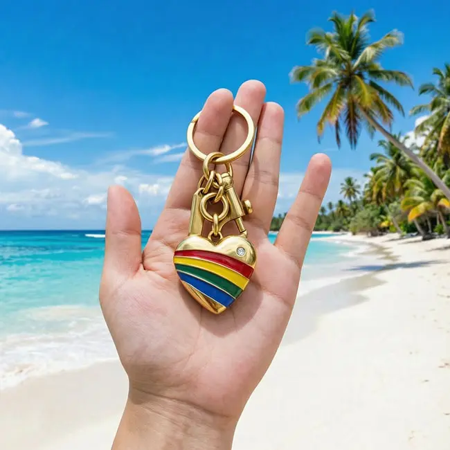 A handheld scale reference view of the rainbow heart wholesale zinc alloy keyrings held in a hand against a tropical ocean beach backdrop - displaying real world luxury bag charm and industrial hardware proportions.