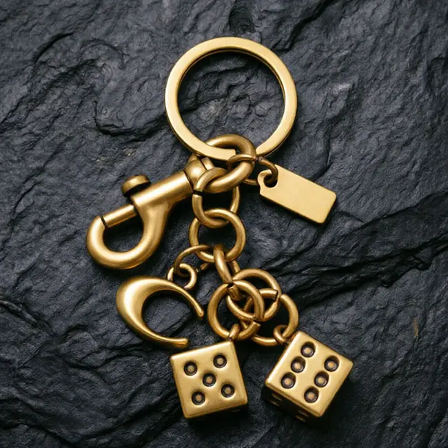 An antique finish metal casting keyrings dice component featuring two solid zinc alloy dice charms - an uppercase C accent - a heavy-duty spring snap hook - and a blank custom logo tag on slate.