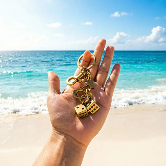 Handheld scale reference view of the antique finish metal casting keyrings dice accessory held in a hand against a tropical ocean beach backdrop displaying real world luxury bag charm dimensions.