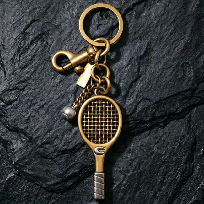 An antique finish metal casting keyrings tennis racket component featuring a solid zinc alloy racket charm - silver ball - an uppercase C accent - a spring snap hook - and a blank custom logo tag on slate.
