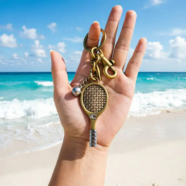 Handheld scale reference view of the antique finish metal casting keyrings tennis racket accessory held in a hand against a tropical ocean beach backdrop displaying real world luxury bag charm dimensions.