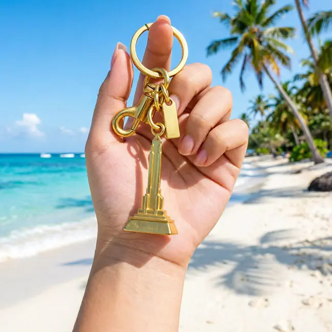 Handheld scale reference view of the gold bulk 3D moulded charms iron tower accessory held in a hand against a tropical ocean beach backdrop displaying real world luxury bag charm dimensions.