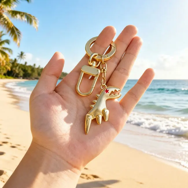 Handheld scale reference view of the gold dinosaur wholesale Precision Zinc Alloy Castings accessory held in a hand against a tropical ocean beach backdrop displaying real world luxury bag charm dimensions.