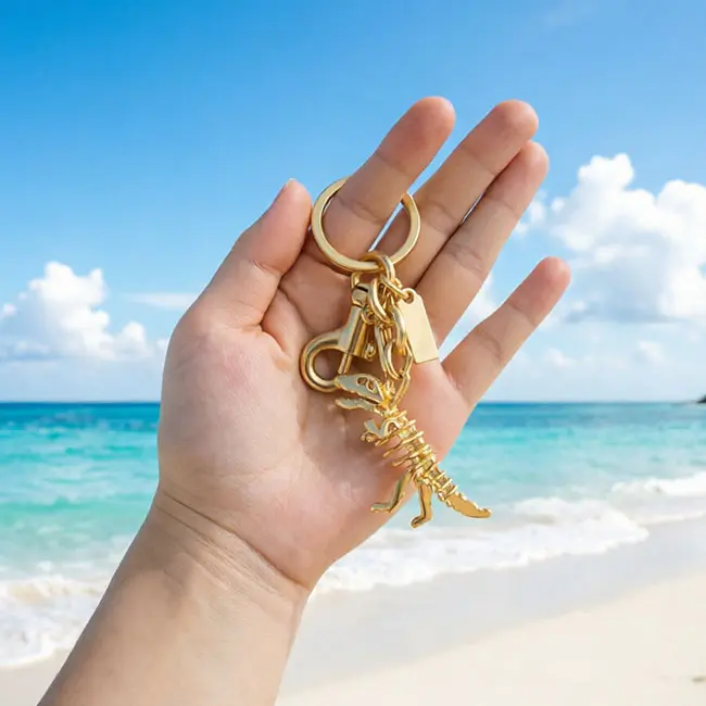 Handheld scale reference view of the gold T-Rex skeleton Precision Zinc Alloy 3D moulded charms accessory held in a hand against a tropical ocean beach backdrop displaying real world dimensions.