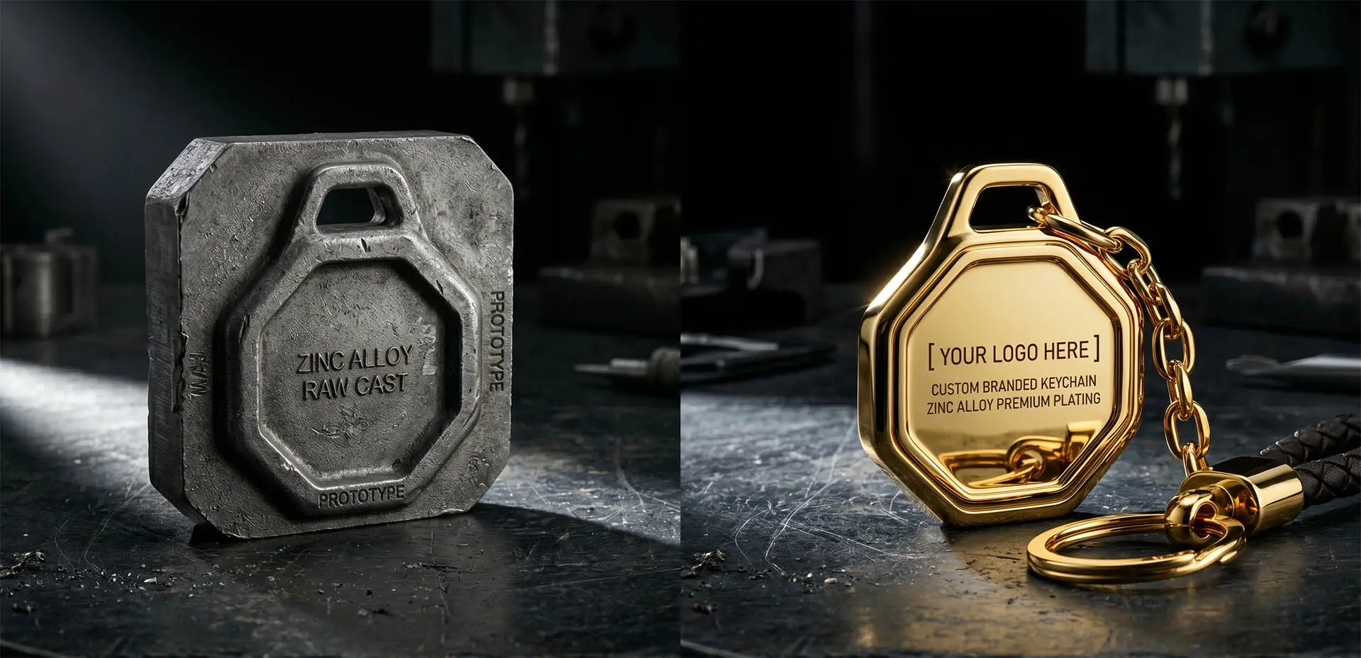 Macro comparison of a raw zinc alloy metal mold next to a premium polished bespoke keychain, showcasing the custom OEM engineering process.