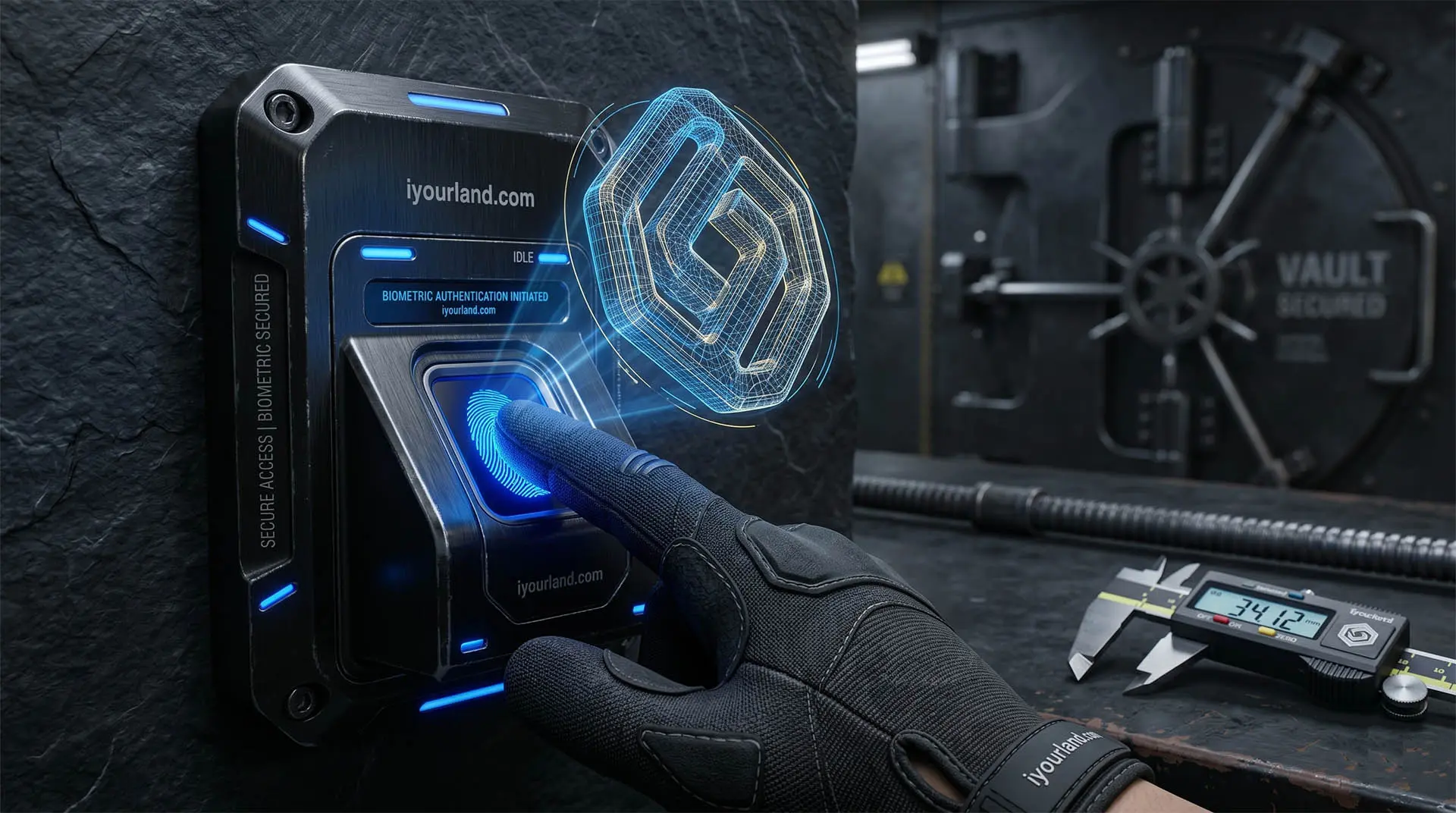 Biometric security terminal displaying a glowing holographic 3D CAD wireframe model of a bespoke hardware design, demonstrating our strict B2B IP quarantine facility and NDA protection.