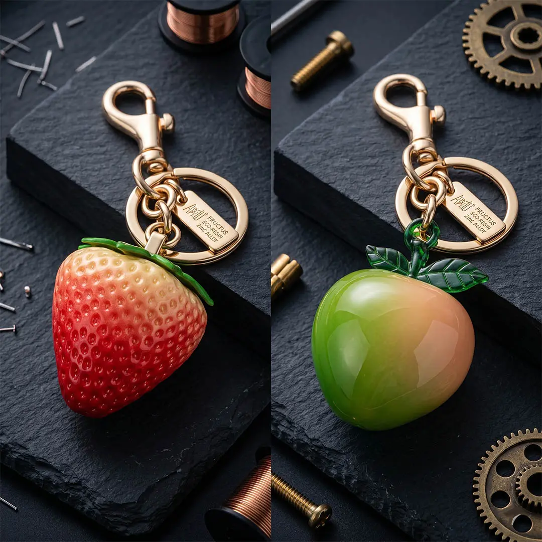 Macro product photography of custom zinc alloy keychains with solid, opaque 3D organic eco-resin casting of a realistic strawberry and peach, showcasing B2B OEM manufacturing capabilities.