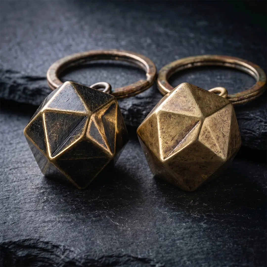 Custom vintage keychain OEM manufacturing showcasing authentic weathered antique bronze and warm vintage brass patina finishes.