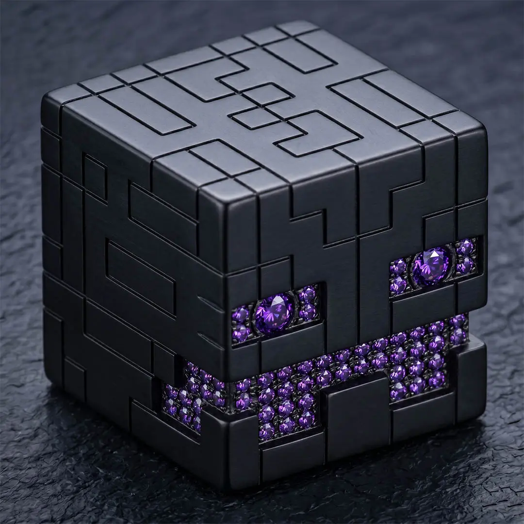 VIP fine-jewelry upgrade on a bespoke matte black zinc alloy desk idol, featuring premium purple lab-created gems in a true micro-pave setting for elite corporate gifting.