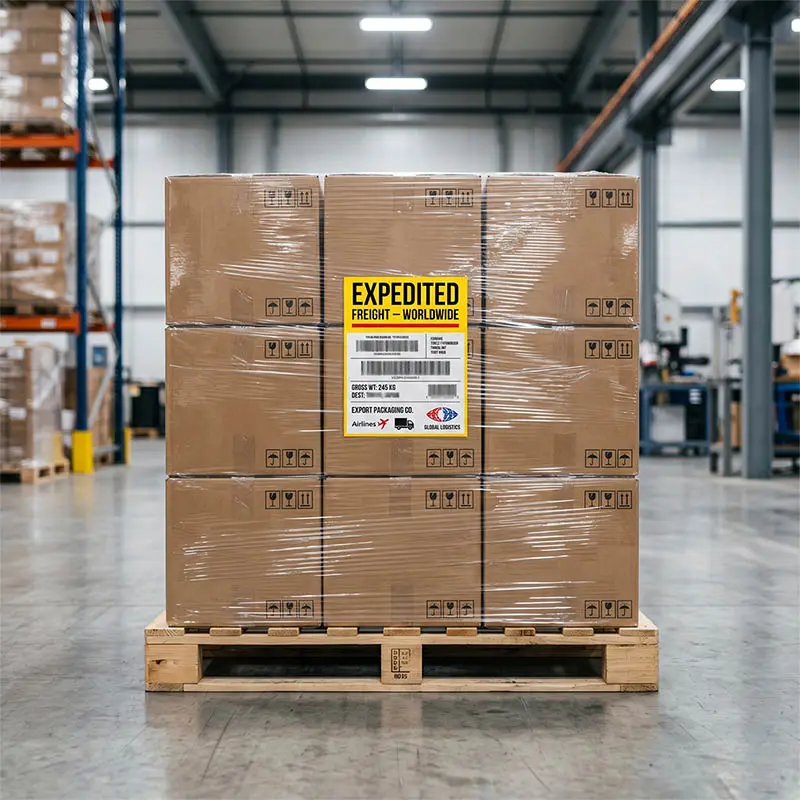 A pallet of neatly stacked and shrink-wrapped export cartons with expedited worldwide freight labels, staged in a clean modern factory warehouse.